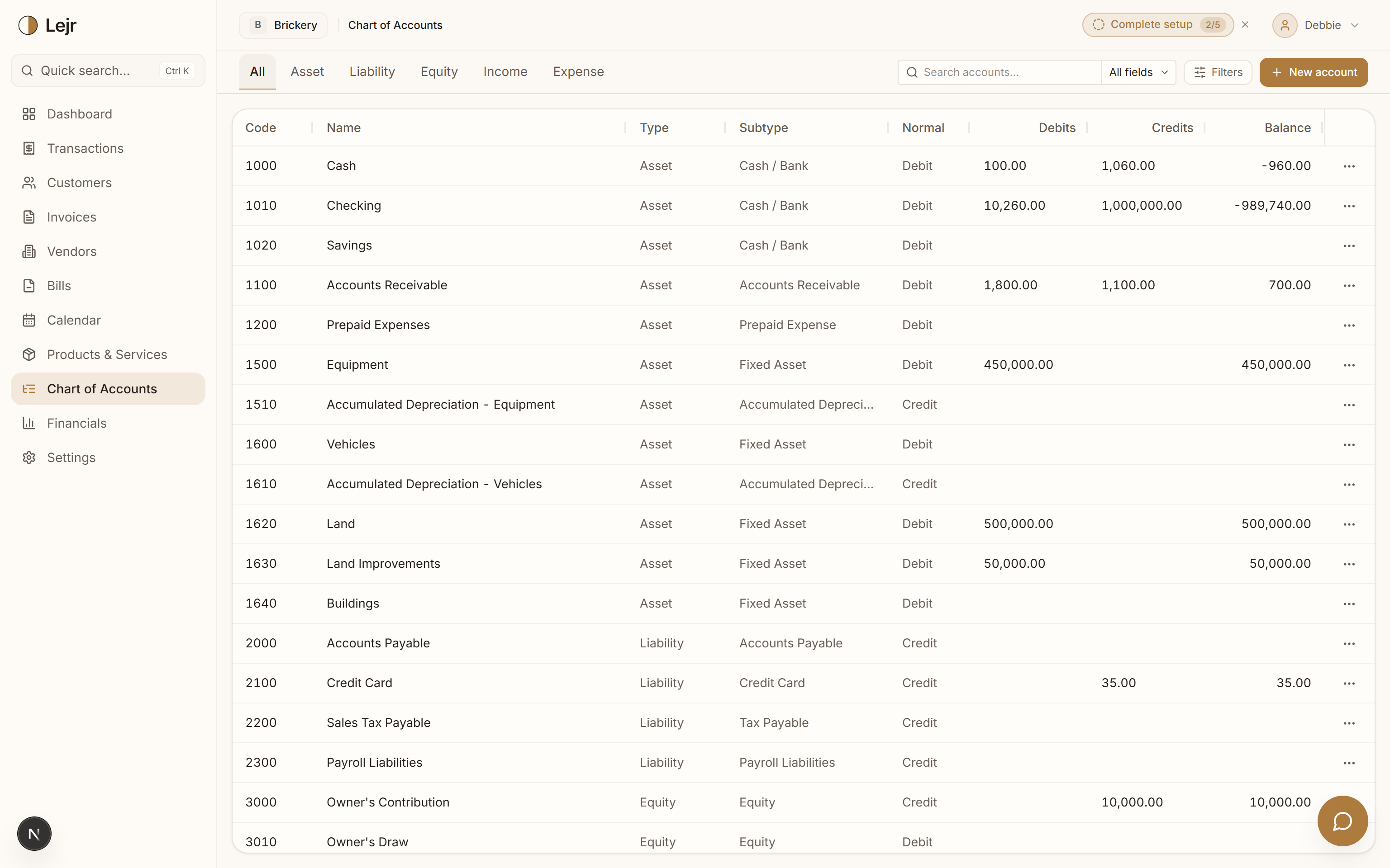 Chart of Accounts — In the app