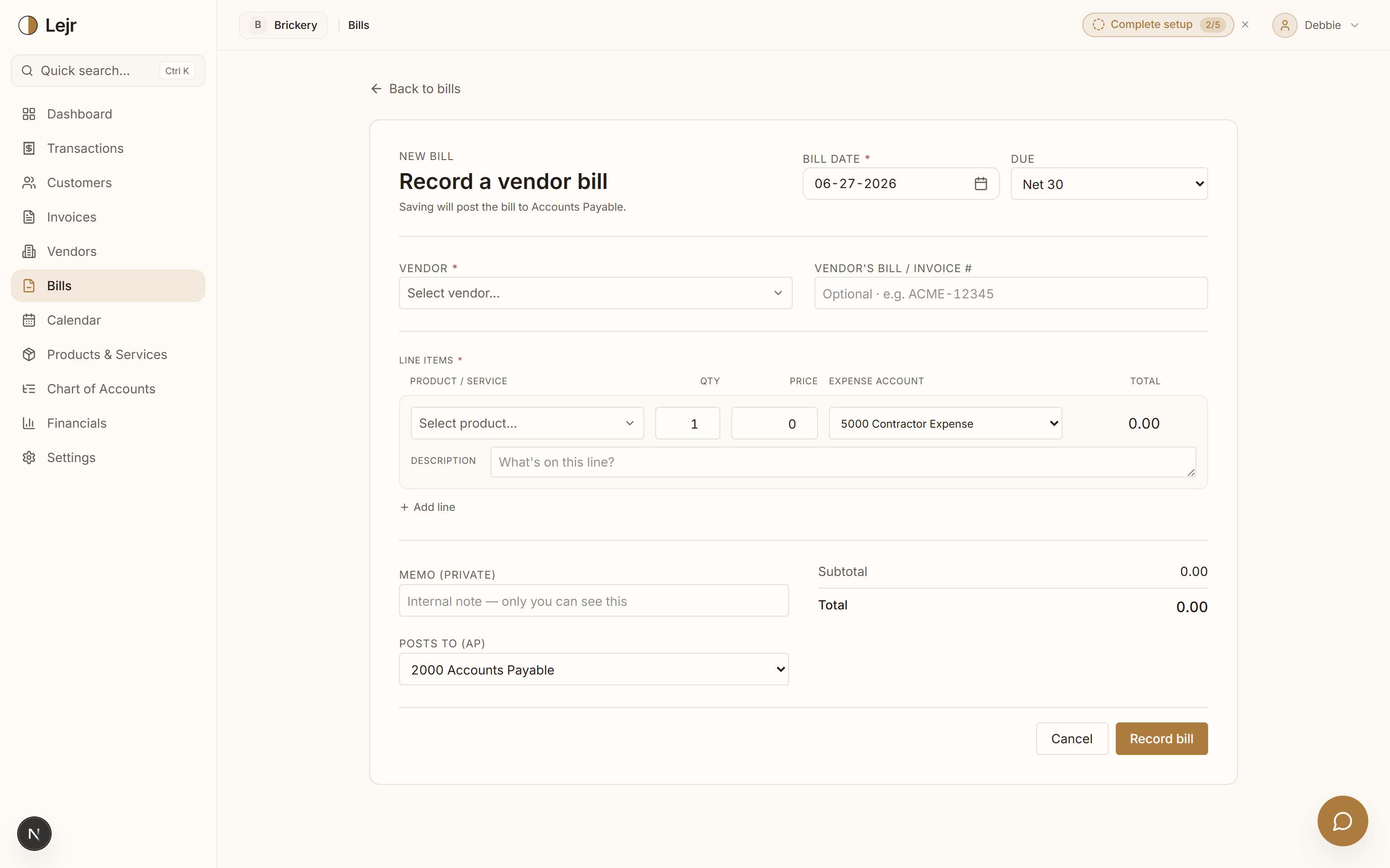 Create a Bill — In the app