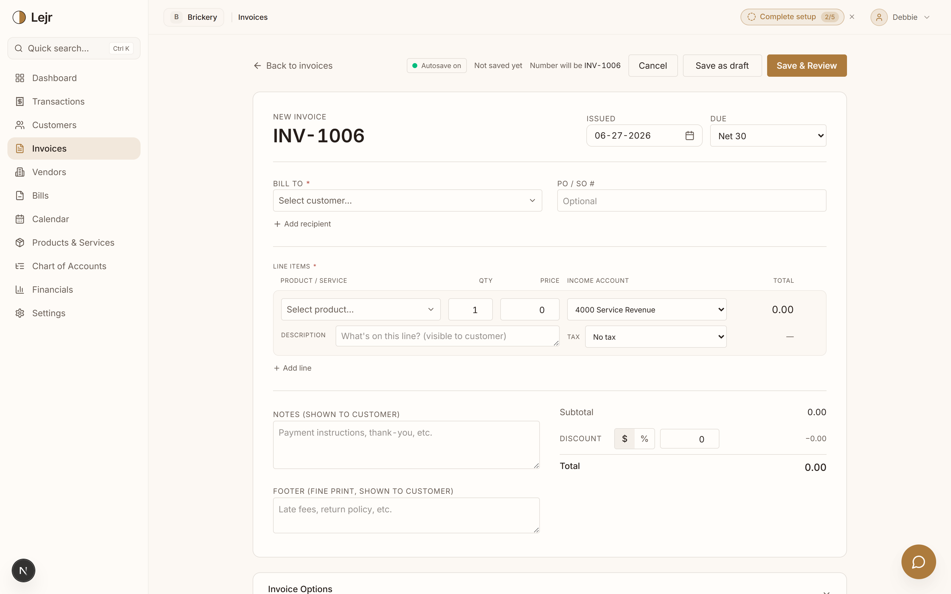 Create an Invoice — In the app