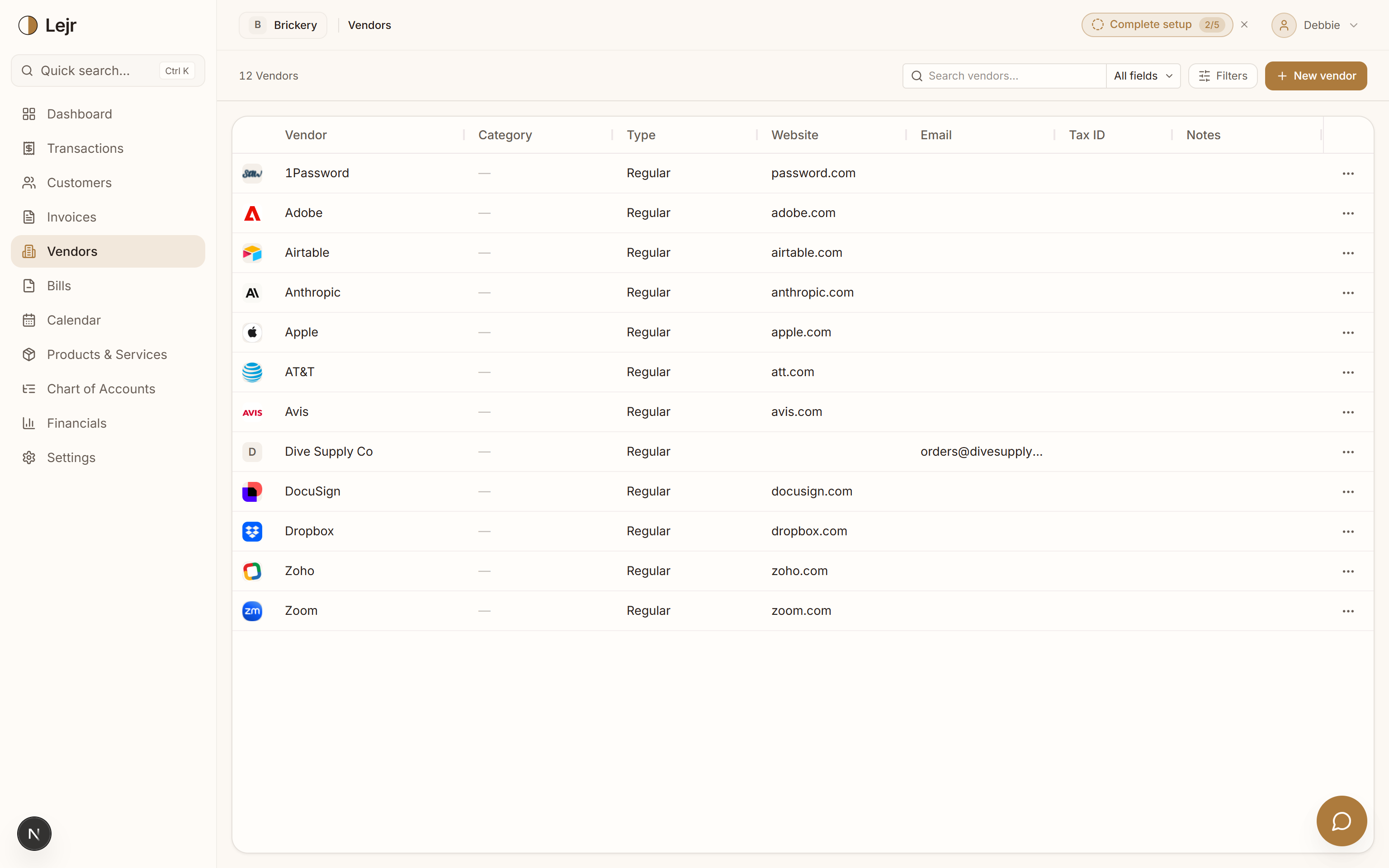 Vendors — In the app